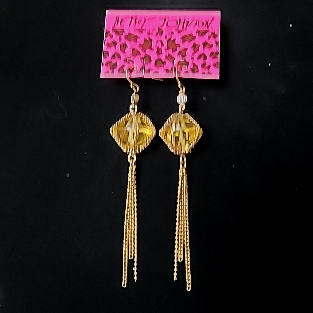 Vintage BETSEY JOHNSON Fashion Fever Caged Yellow Crystal Tassel Earrings.